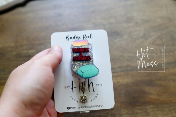 il_fullxfull.3924440838_gb6g Asthmatic and Dramatic Funny Badge Reel, Inhaler Badge Reel, Retractable ID Holder, Interchangeable, Glitter Badge Reel,