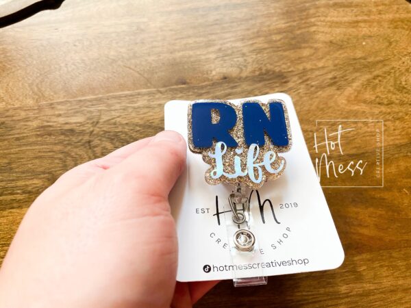Gold RN Life Badge Reel, Nurse Pin, RN ID Holder, Retractable Acrylic Badge Reel, Glitter Badge Reel