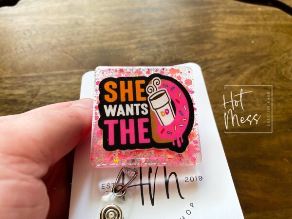 She Wants The Coffee Funny Badge Reel, Coffee Lover Badge Reel, Interchangeable ID Holder, Funny badge Reel, Retractable Lanyard