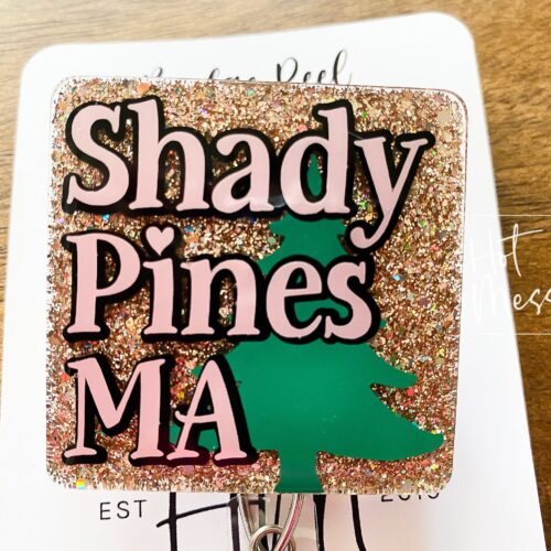 il_fullxfull.3939382329_58vm Shady Pines Ma Funny Gold Glitter Badge Reel, RN ID Holder, Retractable Acrylic Badge Reel, Teacher gift, Sarcasm Assisted Living