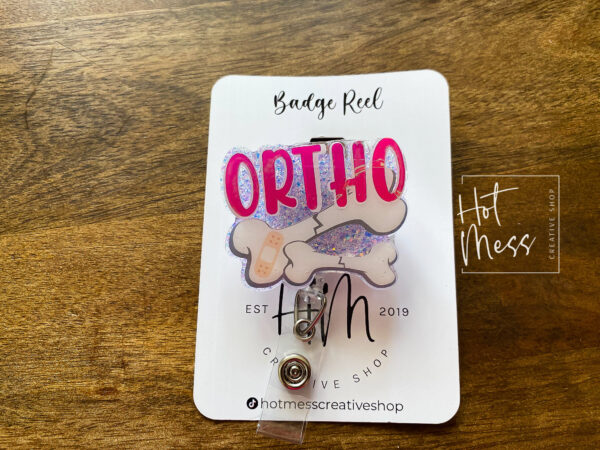 Glittery Pink Orthopedic Badge Reel: Retractable ID Holder for Nurses and Doctors