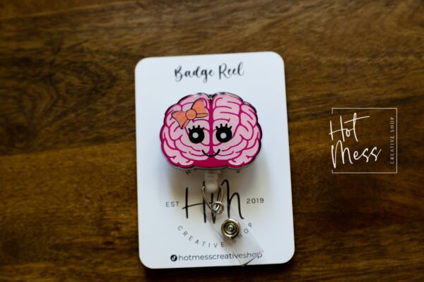 Pink Brain with Face and Pink Bow Funny Badge Reel, Neurology badge ID, Retractable ID, Lanyard Badge Holder, Nurse Gift, MD1
