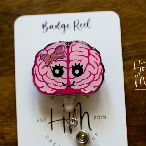 Pink Brain with Face and Pink Bow Funny Badge Reel, Neurology badge ID, Retractable ID, Lanyard Badge Holder, Nurse Gift, MD1