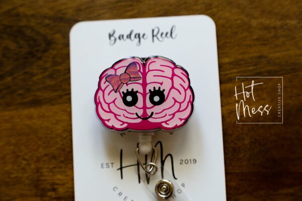 Pink Brain with Face and Pink Bow Funny Badge Reel, Neurology badge ID, Retractable ID, Lanyard Badge Holder, Nurse Gift, MD1