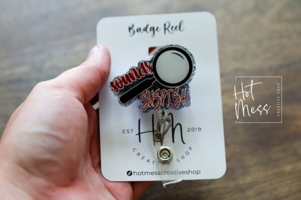 Sounds Suspish Funny Magnifying Glass Badge Reel | True Crime ID Holder | Forensics Accessory