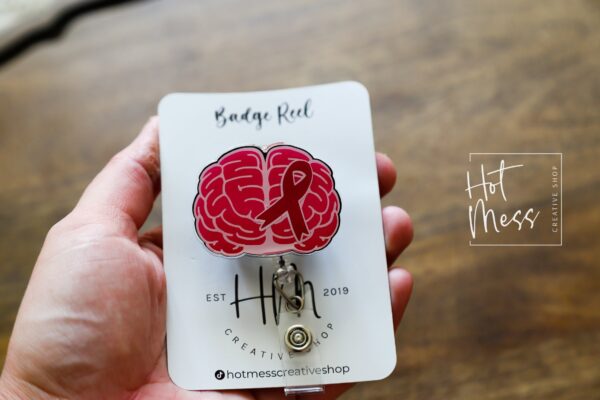 Brain Aneurysm Awareness Badge Reel, Neurology badge ID, burgundy ribbon, Retractable ID, Lanyard Badge Holder