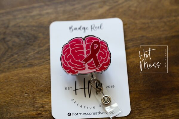 Brain Aneurysm Awareness Badge Reel, Neurology badge ID, burgundy ribbon, Retractable ID, Lanyard Badge Holder