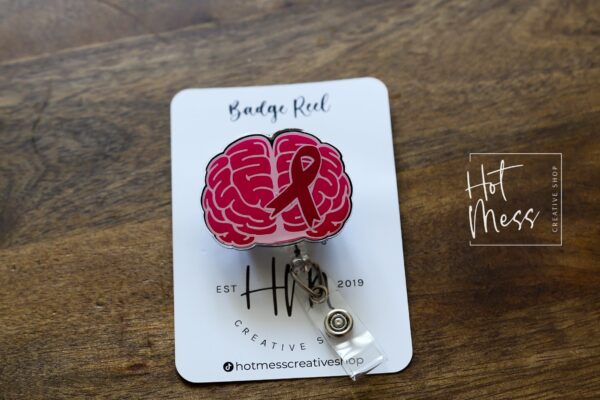 Brain Aneurysm Awareness Badge Reel, Neurology badge ID, burgundy ribbon, Retractable ID, Lanyard Badge Holder
