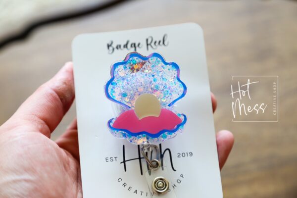 Oyster with Pearl badge reel, Mermaid badge reel, Retractable Acrylic Badge Reel, Nurse Gift, Teacher badge reel
