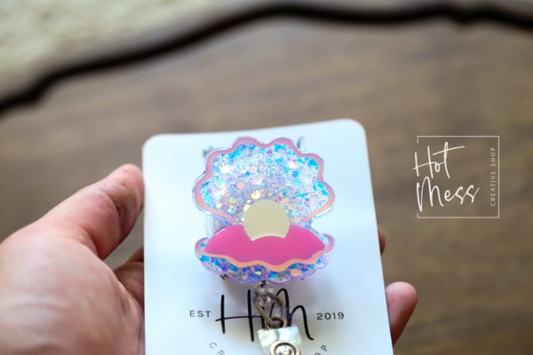 Oyster with Pearl badge reel, Mermaid badge reel, Retractable Acrylic Badge Reel, Nurse Gift, Teacher badge reel