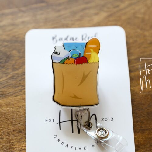 il_fullxfull.4011899907_faht Grocery Bag Badge Reel, Customer Service badge reel, Store name tag holder