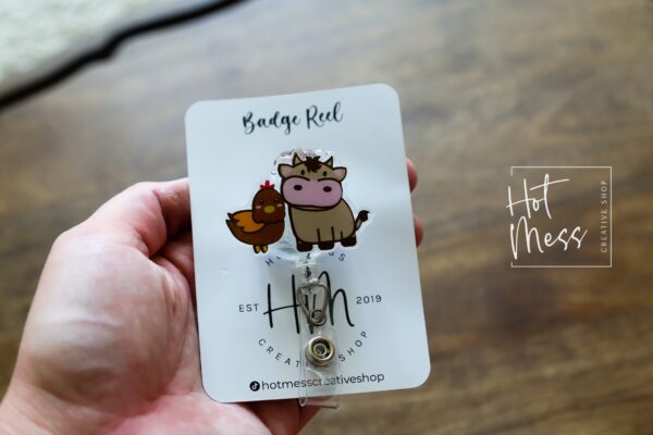 Interchangeable Animal Farm Badge Reel: Brown Chicken & Cow ID Holder for Teachers, Nurses, 4H