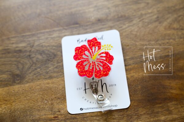 PINK Hibiscus Badge Reel, RN ID Holder, Retractable Acrylic Badge Reel, Nurse Gift, Teacher Lanyard, flower badge reel