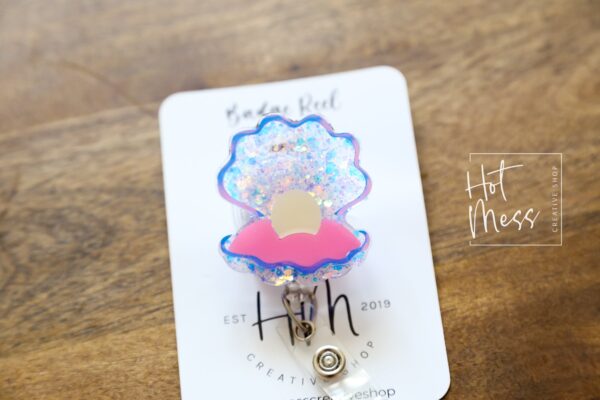 Oyster with Pearl badge reel, Mermaid badge reel, Retractable Acrylic Badge Reel, Nurse Gift, Teacher badge reel