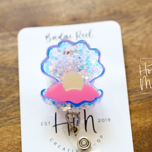 Oyster with Pearl badge reel, Mermaid badge reel, Retractable Acrylic Badge Reel, Nurse Gift, Teacher badge reel