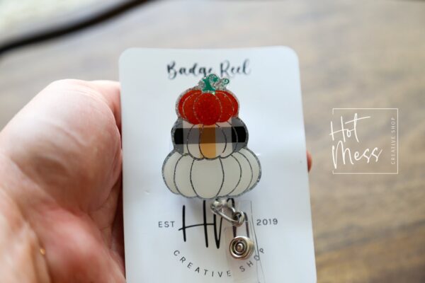 Stacked Fall Pumpkin Funny Badge Reel, Orange black and white checkered Pumpkin, Thanksgiving/Halloween Badge Reel, Autumn Badge Reel