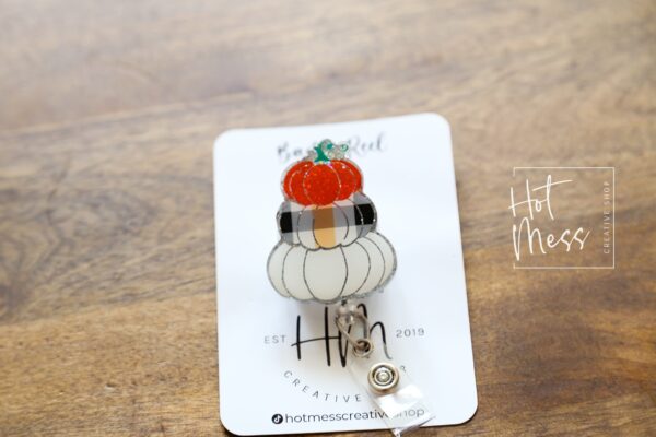 Stacked Fall Pumpkin Funny Badge Reel, Orange black and white checkered Pumpkin, Thanksgiving/Halloween Badge Reel, Autumn Badge Reel