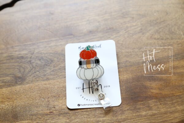 Stacked Fall Pumpkin Funny Badge Reel, Orange black and white checkered Pumpkin, Thanksgiving/Halloween Badge Reel, Autumn Badge Reel