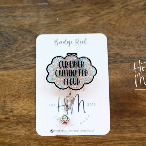 Certified Caffeinated Cloud Funny White Glitter Badge Reel, Night Shift badge reel, Glitter Dark Cloud ID Holder