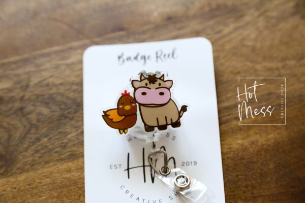 Interchangeable Animal Farm Badge Reel: Brown Chicken & Cow ID Holder for Teachers, Nurses, 4H