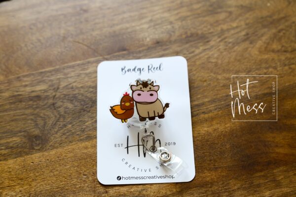 Interchangeable Animal Farm Badge Reel: Brown Chicken & Cow ID Holder for Teachers, Nurses, 4H