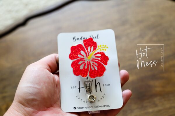 PINK Hibiscus Badge Reel, RN ID Holder, Retractable Acrylic Badge Reel, Nurse Gift, Teacher Lanyard, flower badge reel