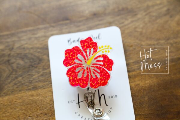 PINK Hibiscus Badge Reel, RN ID Holder, Retractable Acrylic Badge Reel, Nurse Gift, Teacher Lanyard, flower badge reel