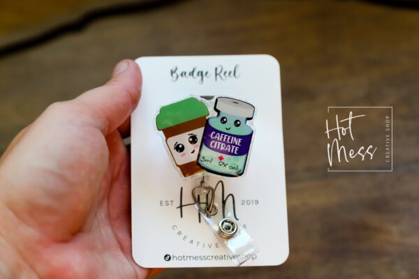 Caffeine Medicine Funny Badge Reel, RN ID Holder, Sarcasm Retractable Acrylic Badge Reel, Pharmacy Badge Reel