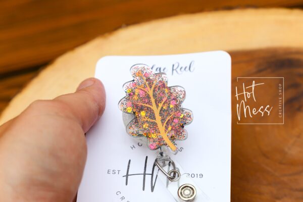 il_fullxfull.4096151560_bmri Oak Leaf Funny Badge Reel, Fall Leaf Badge Reel, Thanksgiving Badge Reel, Halloween Badge Reel, Autumn Badge Reel