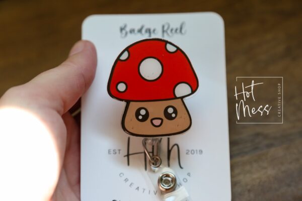 Mushroom Badge Reel, Waitress Badge Reel, Retractable ID Holder, Interchangeable Lanyard, Food Badge Reels, kawaii badge reel