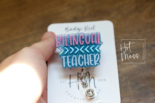 Bilingual Teacher Badge Reel, ELL/ESOL Teacher id Holder, Daycare ID Holder, Interchangeable Badge Reel, Teacher Gift