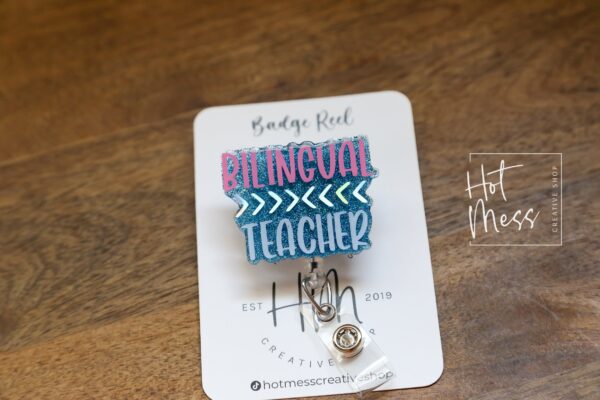 Bilingual Teacher Badge Reel, ELL/ESOL Teacher id Holder, Daycare ID Holder, Interchangeable Badge Reel, Teacher Gift