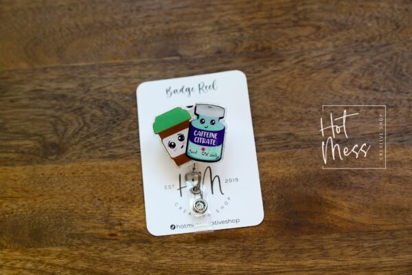 Caffeine Medicine Funny Badge Reel, RN ID Holder, Sarcasm Retractable Acrylic Badge Reel, Pharmacy Badge Reel
