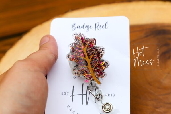 il_fullxfull.4143804623_85ss Oak Leaf Funny Badge Reel, Fall Leaf Badge Reel, Thanksgiving Badge Reel, Halloween Badge Reel, Autumn Badge Reel