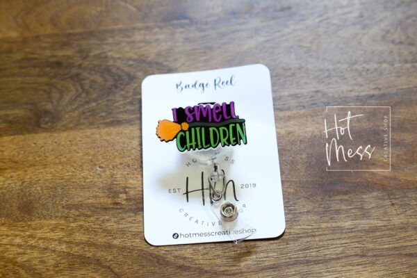 il_fullxfull.4145737112_1lcf I Smell Children Funny Halloween Badge Reel, Purple/Green Badge Holder, Retractable Badge Reel, Interchangeable Badge Reel, witch badge reel