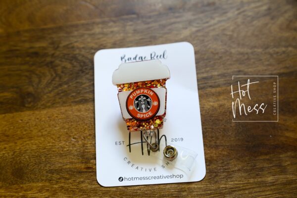 il_fullxfull.4145766992_95sh Pumpkin Spice Funny Orange Glitter Badge Reel, Fall badge reel, pumpkin badge reel, Retractable Badge Reel, Interchangeable Badge Reel