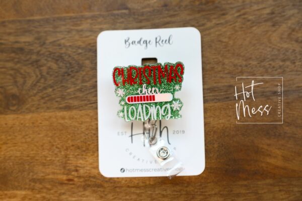 Christmas Cheer Loading Badge Reel, Christmas Badge Reel, Nurse Badge Reel, Retractable ID Holder, Interchangeable, Glitter Badge Reel