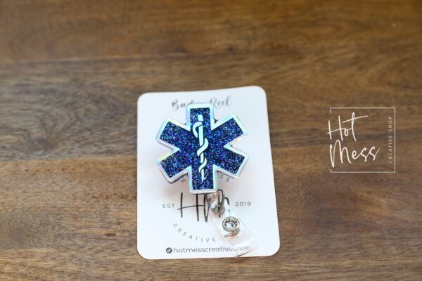 Star of Life Badge Reel, Funny Badge Reel, Retractable Badge Reel, Interchangeable Badge Reel, EMS ID Holder, Glitter Badge Reel