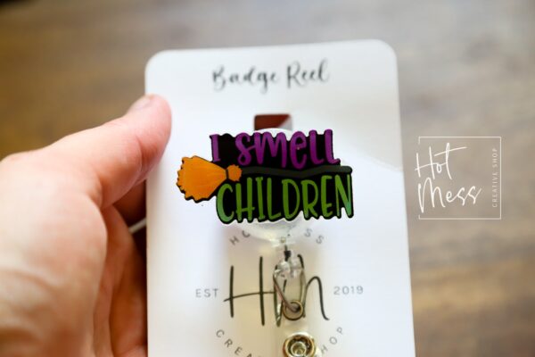 il_fullxfull.4193398983_34cs I Smell Children Funny Halloween Badge Reel, Purple/Green Badge Holder, Retractable Badge Reel, Interchangeable Badge Reel, witch badge reel