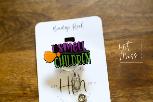 il_fullxfull.4193398985_9fly I Smell Children Funny Halloween Badge Reel, Purple/Green Badge Holder, Retractable Badge Reel, Interchangeable Badge Reel, witch badge reel