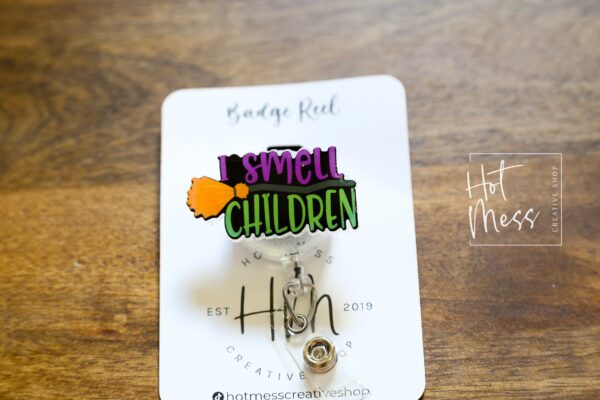 il_fullxfull.4193398989_88qs I Smell Children Funny Halloween Badge Reel, Purple/Green Badge Holder, Retractable Badge Reel, Interchangeable Badge Reel, witch badge reel