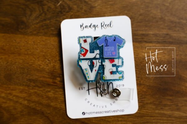 Love Scrub Top Glitter Badge Reel, badge ID, Retractable ID, Lanyard Badge Holder, Nurse Gift, MD1, PER