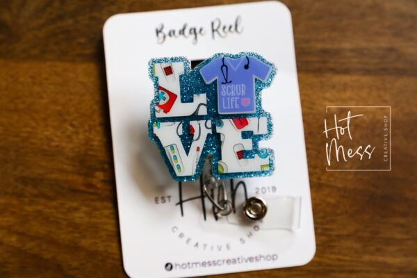 Love Scrub Top Glitter Badge Reel, badge ID, Retractable ID, Lanyard Badge Holder, Nurse Gift, MD1, PER