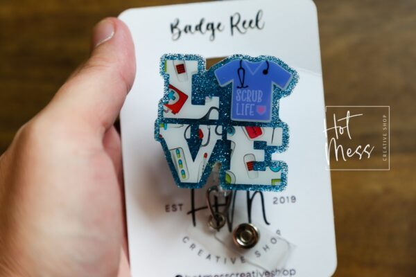 Love Scrub Top Glitter Badge Reel, badge ID, Retractable ID, Lanyard Badge Holder, Nurse Gift, MD1, PER