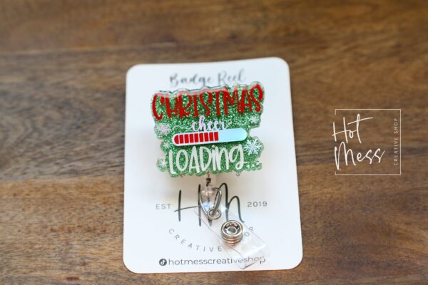 Christmas Cheer Loading Badge Reel, Christmas Badge Reel, Nurse Badge Reel, Retractable ID Holder, Interchangeable, Glitter Badge Reel