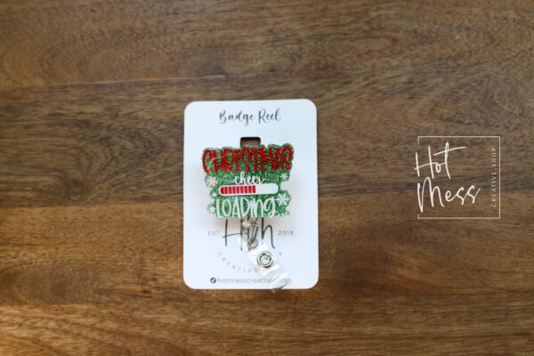 Christmas Cheer Loading Badge Reel, Christmas Badge Reel, Nurse Badge Reel, Retractable ID Holder, Interchangeable, Glitter Badge Reel