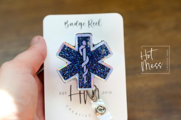 Star of Life Badge Reel, Funny Badge Reel, Retractable Badge Reel, Interchangeable Badge Reel, EMS ID Holder, Glitter Badge Reel