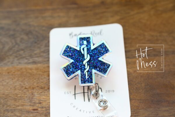 Star of Life Badge Reel, Funny Badge Reel, Retractable Badge Reel, Interchangeable Badge Reel, EMS ID Holder, Glitter Badge Reel