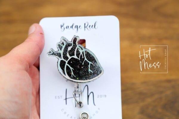 il_fullxfull.4261152352_b0i9 Black Anatomical Heart Badge Reel, Cardiologist Badge Reel, Nurse Badge Reel, Retractable ID Holder, Interchangeable, Glitter Badge Reel