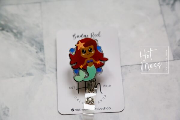 Red Hair Mermaid Funny Badge Reel, Interchangeable Retractable Badge Reel, nurse and teacher badge reel